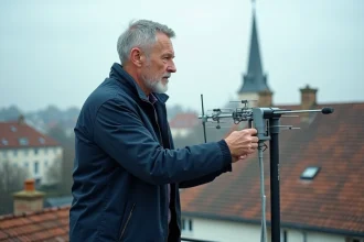 Homme réglant l'orientation d'une antenne TNT sur un toit de maison individuelle en banlieue française