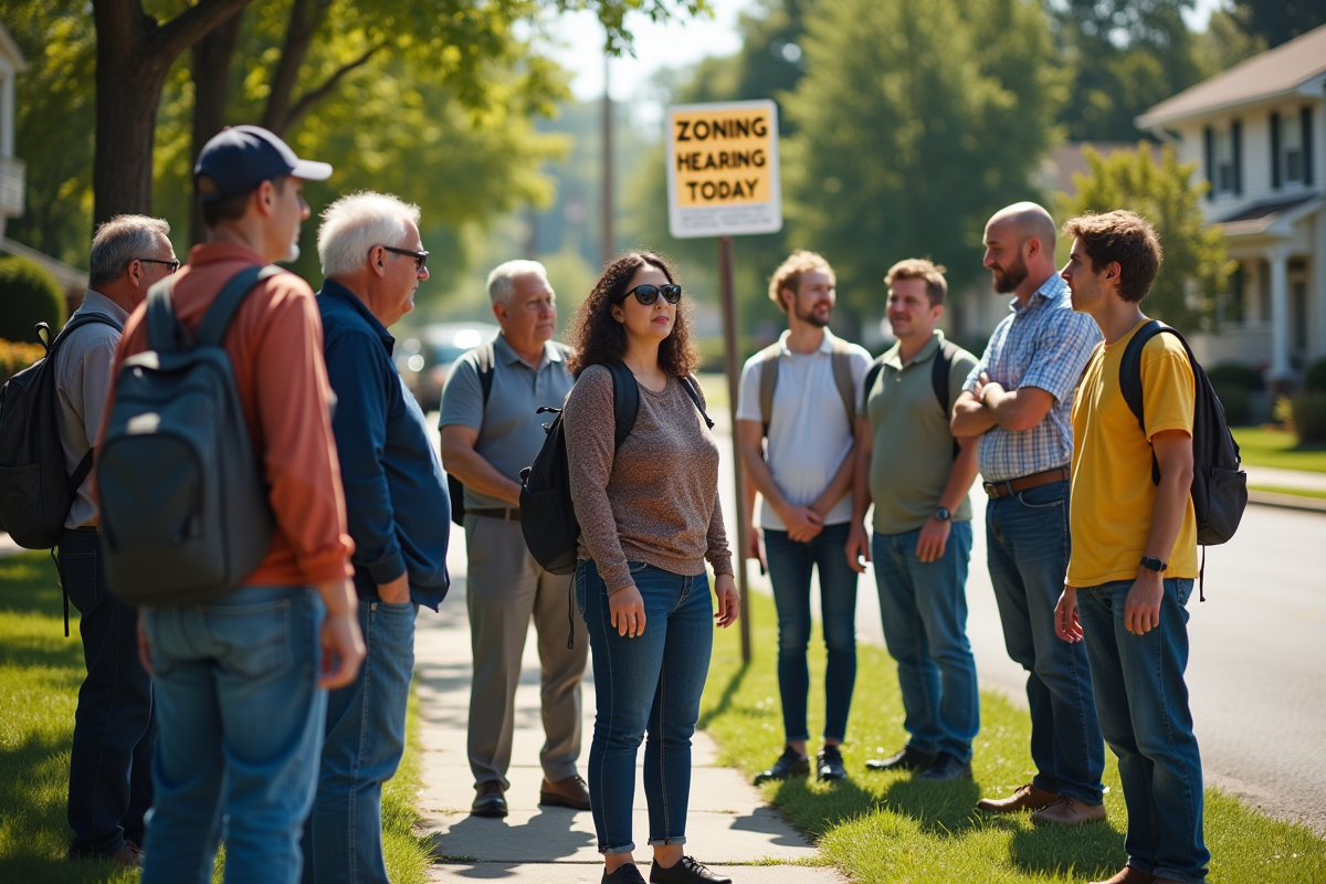 Groupe de résidents devant panneau de zonage dans quartier
