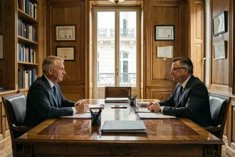 Deux hommes en costume sombre discutent autour d'une table de réunion dans un bureau parisien formel, illustrant une proximité institutionnelle et des liens professionnels étroits