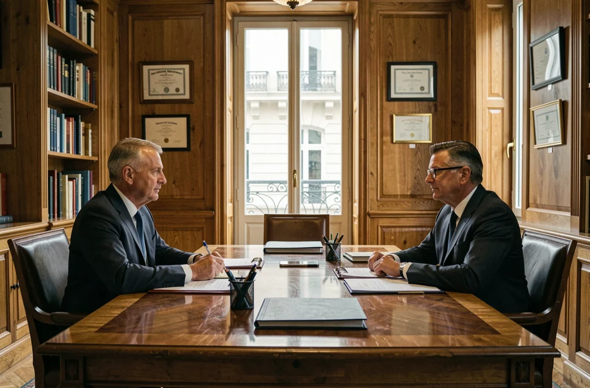 Deux hommes en costume sombre discutent autour d'une table de réunion dans un bureau parisien formel, illustrant une proximité institutionnelle et des liens professionnels étroits