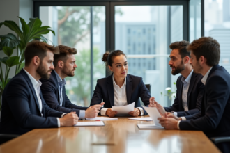 Groupe de collègues en réunion dans un bureau moderne