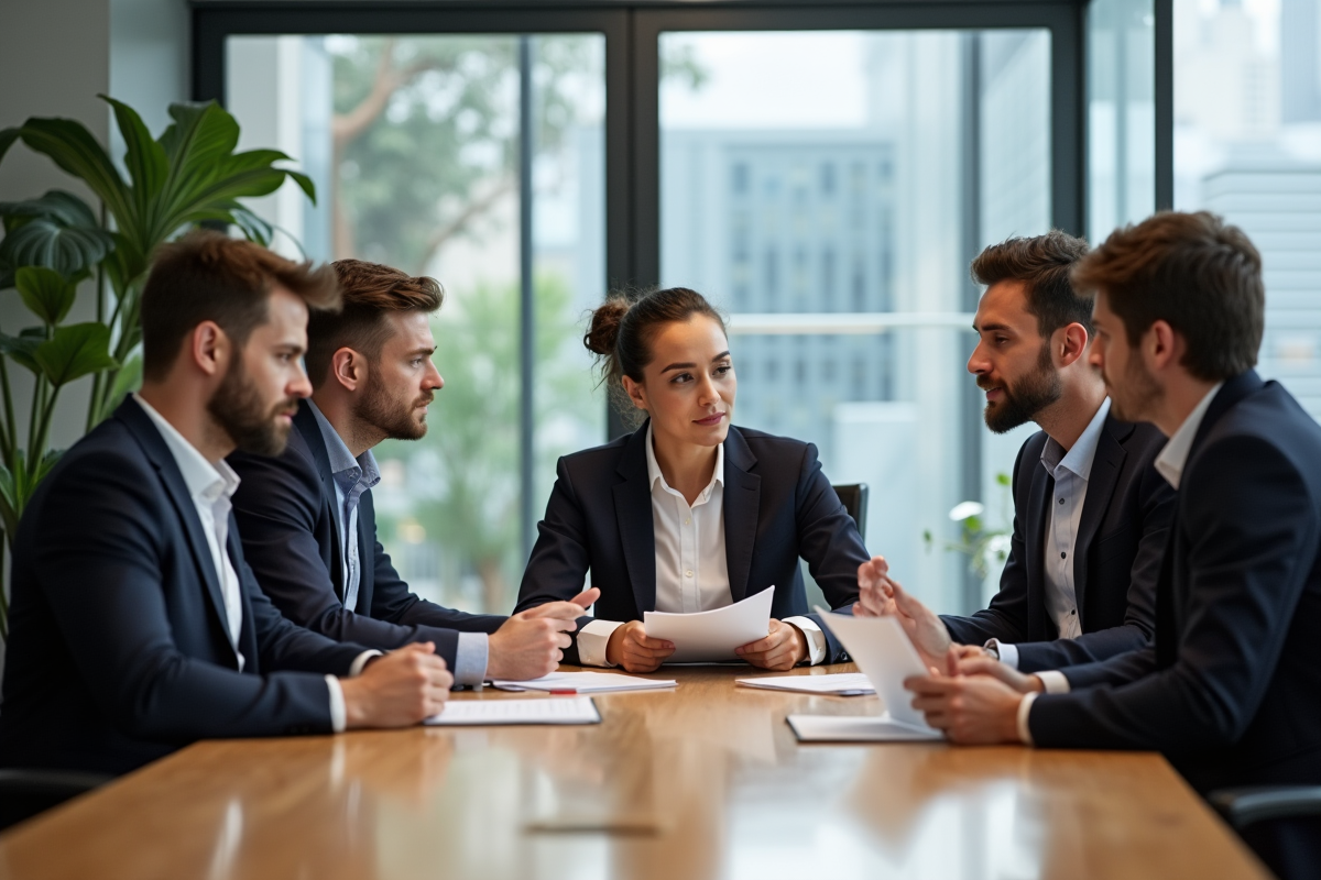 Groupe de collègues en réunion dans un bureau moderne