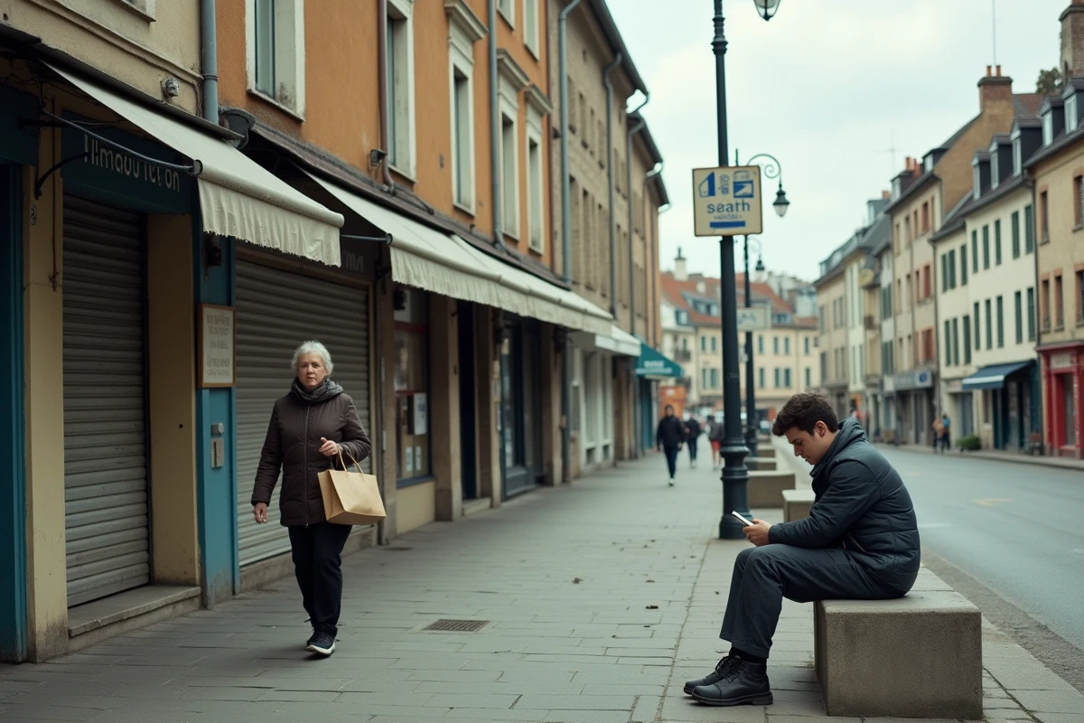Rue commerçante désertée de Saint-Quentin avec commerces fermés et passants isolés, illustrant les indicateurs élevés de délinquance d'une ville moyenne française