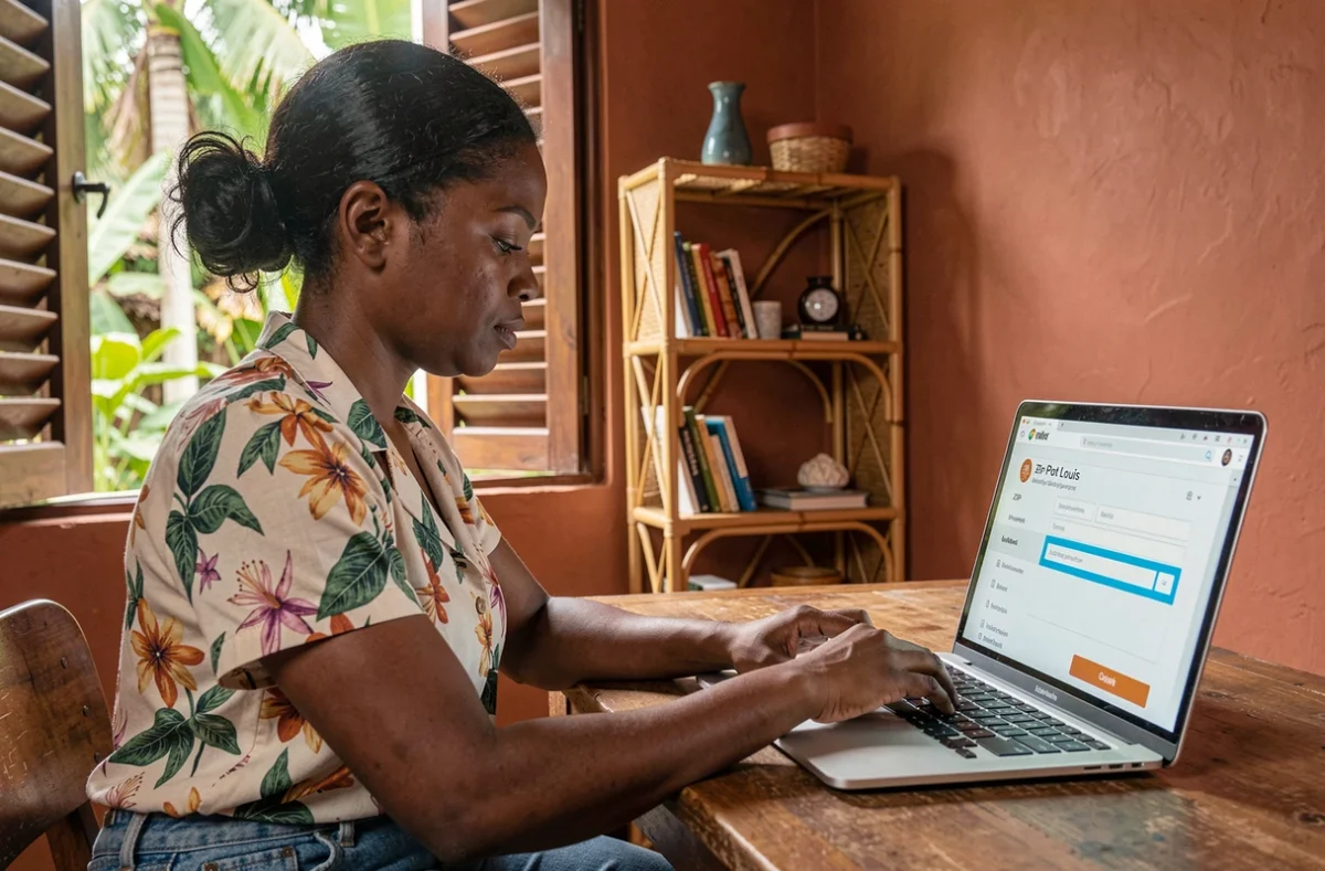 Femme mauricienne saisissant un code postal ZIP de Port Louis sur un formulaire de livraison en ligne depuis son bureau à domicile