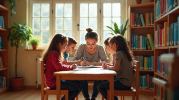 Petite salle de classe avec un enseignant aidant trois élèves autour d'une table lumineuse
