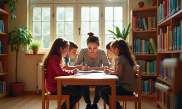 Petite salle de classe avec un enseignant aidant trois élèves autour d'une table lumineuse