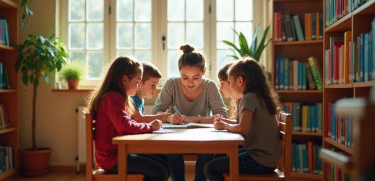 Petite salle de classe avec un enseignant aidant trois élèves autour d'une table lumineuse
