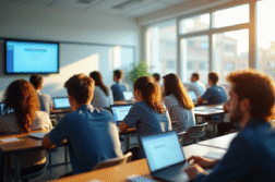 Salle de classe lumineuse avec élèves et tableau digital Lille