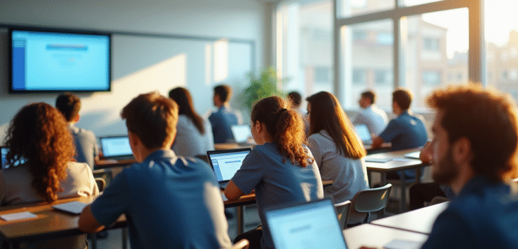 Salle de classe lumineuse avec élèves et tableau digital Lille