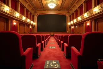 Vue intérieure grand angle de la salle de cinéma Grand Rex avec emplacements PMR signalisés dans les allées