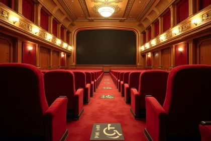 Vue intérieure grand angle de la salle de cinéma Grand Rex avec emplacements PMR signalisés dans les allées