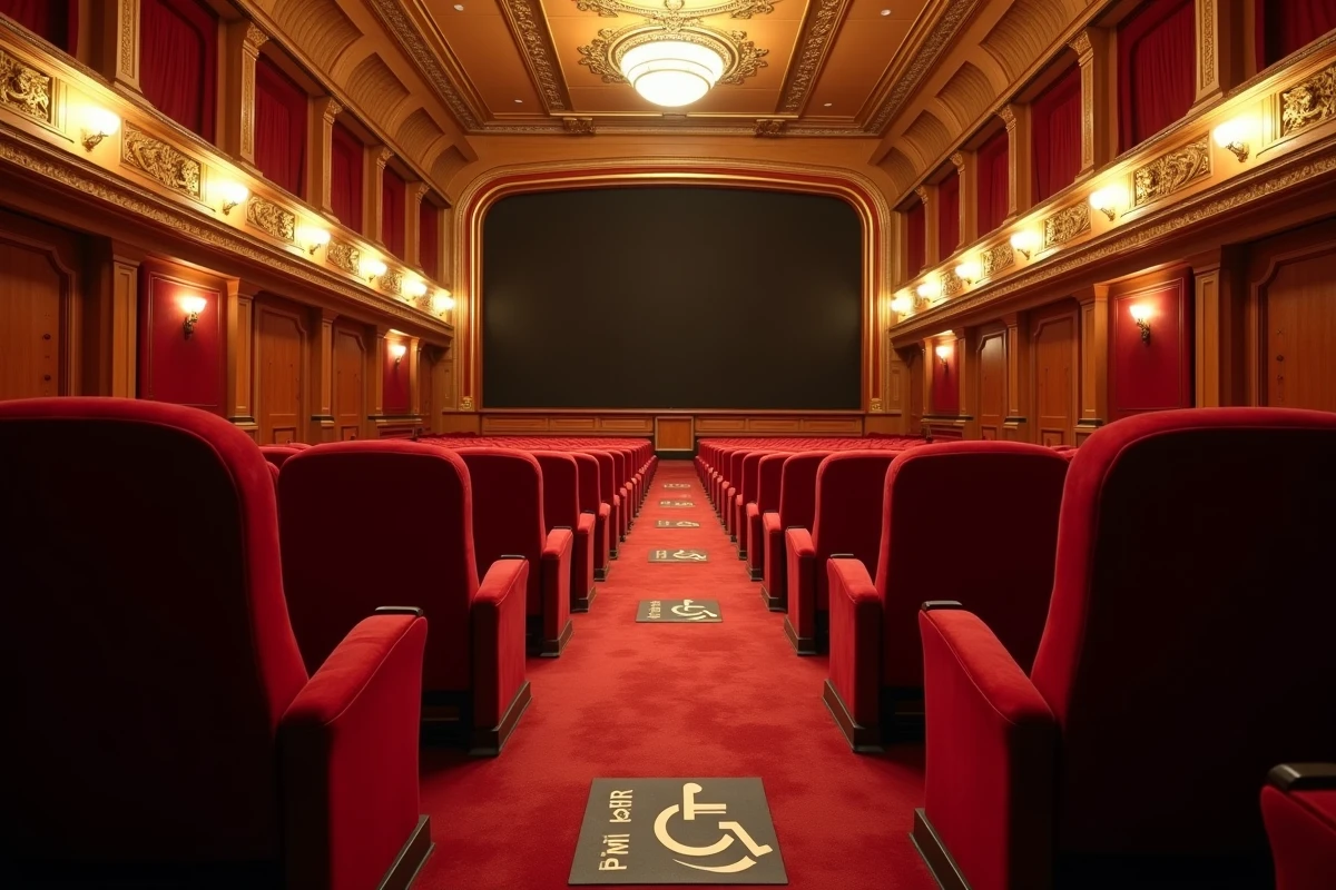 Vue intérieure grand angle de la salle de cinéma Grand Rex avec emplacements PMR signalisés dans les allées