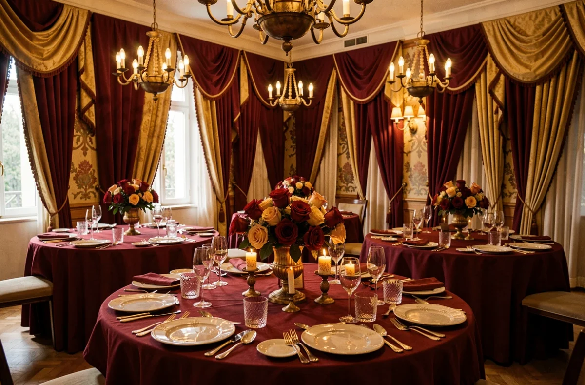 Salle Neila, salle de banquet intimiste décorée en style méditerranéen avec drapés bourgogne et chandeliers dorés