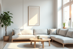 Salon scandinave minimaliste avec canapé gris et tableau abstrait