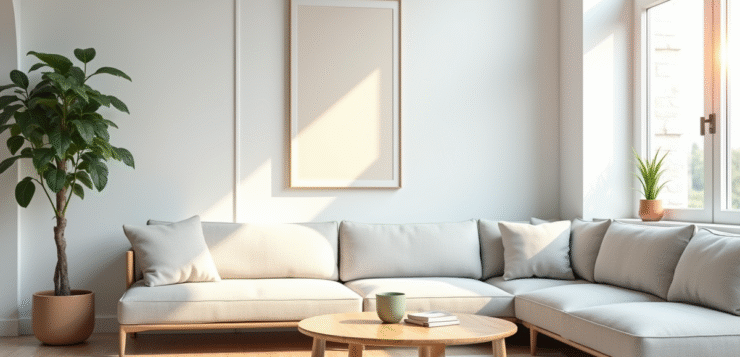 Salon scandinave minimaliste avec canapé gris et tableau abstrait