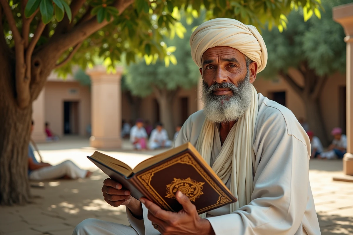 Savant âgé lisant un livre sous un figuier dans une cour en plein air