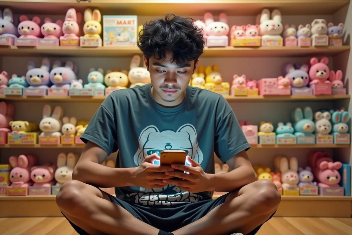 Homme scannant le QR code d'une blind box Labubu avec son smartphone dans une boutique de figurines kawaii Pop Mart pour vérifier l'authenticité