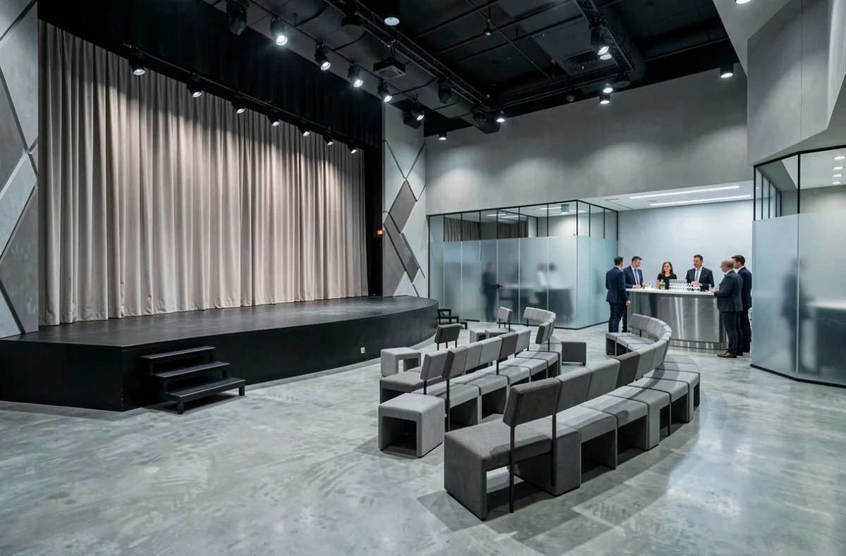 La Scène 78, salle de réception moderne avec scène, sol en béton poli et aménagement modulable pour événements dans les Yvelines