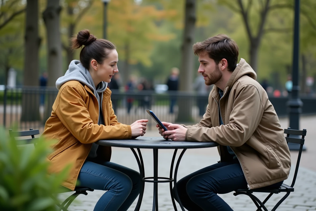 Deux personnes dont une femme transgenre consultant ensemble des conseils de sécurité pour les rencontres en ligne sur une tablette en plein air