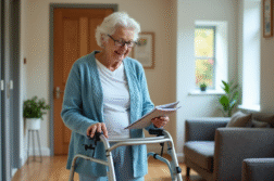 Femme agee utilisant un déambulateur examine une brochure
