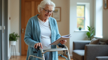 Femme agee utilisant un déambulateur examine une brochure