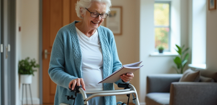 Femme agee utilisant un déambulateur examine une brochure