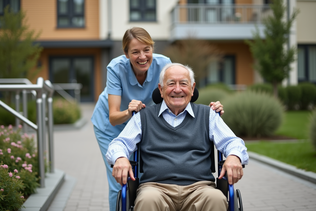 Homme senior en fauteuil guidé par une aide dans un jardin
