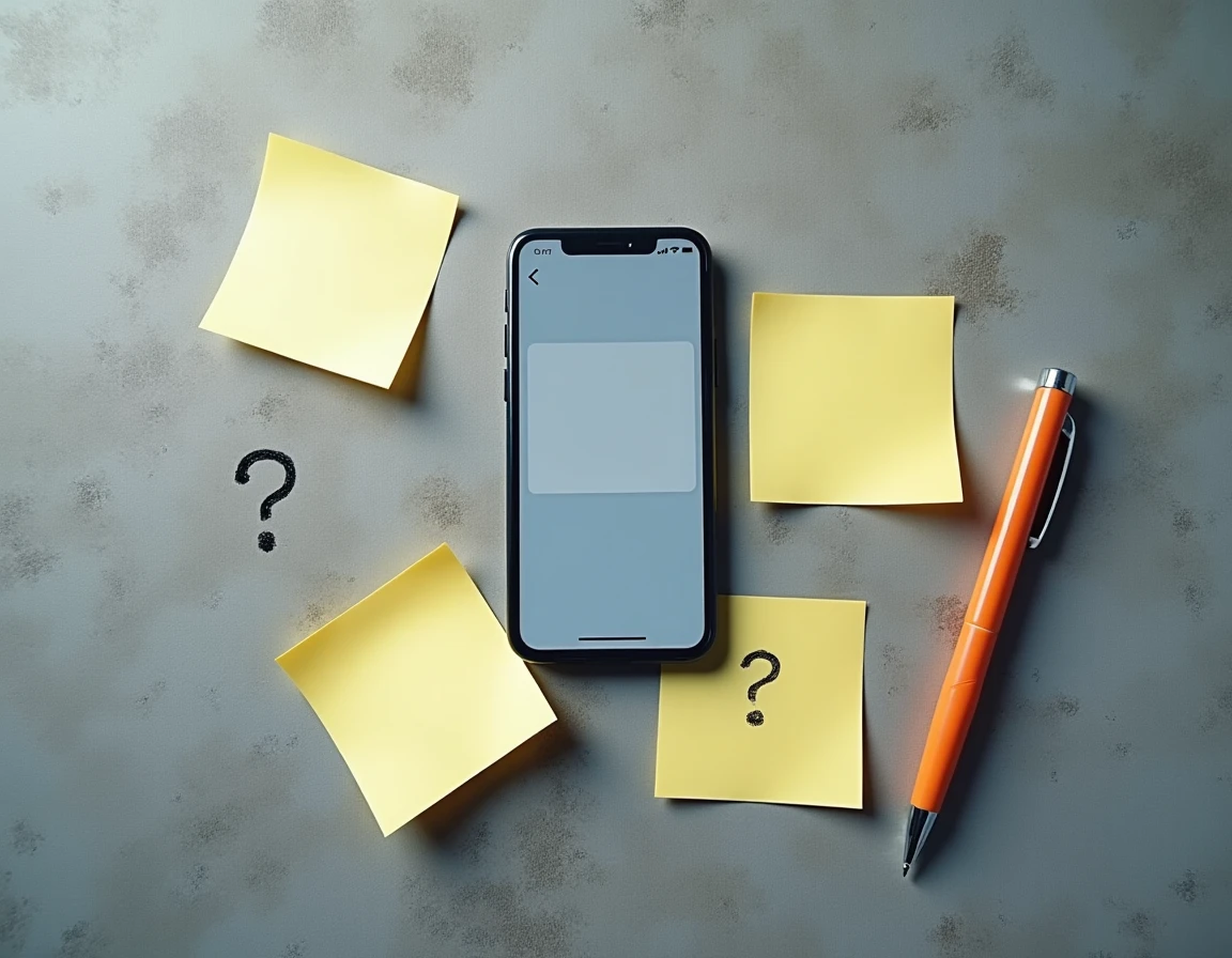 Vue aérienne d'un smartphone affichant une application de SMS anonyme entouré de notes avec points d'interrogation sur béton