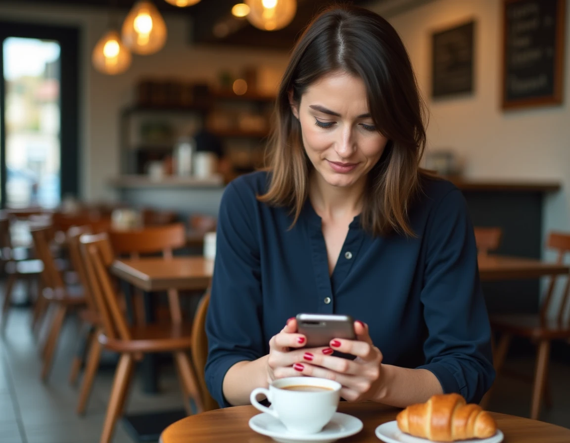 Femme dans un café tapant un SMS anonyme sur son smartphone avec une expression concentrée