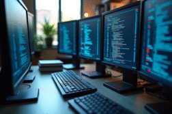Poste informatique avec plusieurs écrans affichant des séquences de nombres
