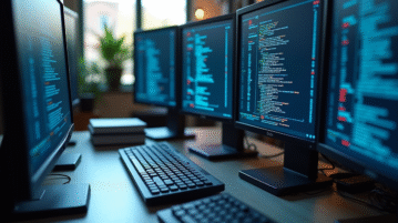 Poste informatique avec plusieurs écrans affichant des séquences de nombres