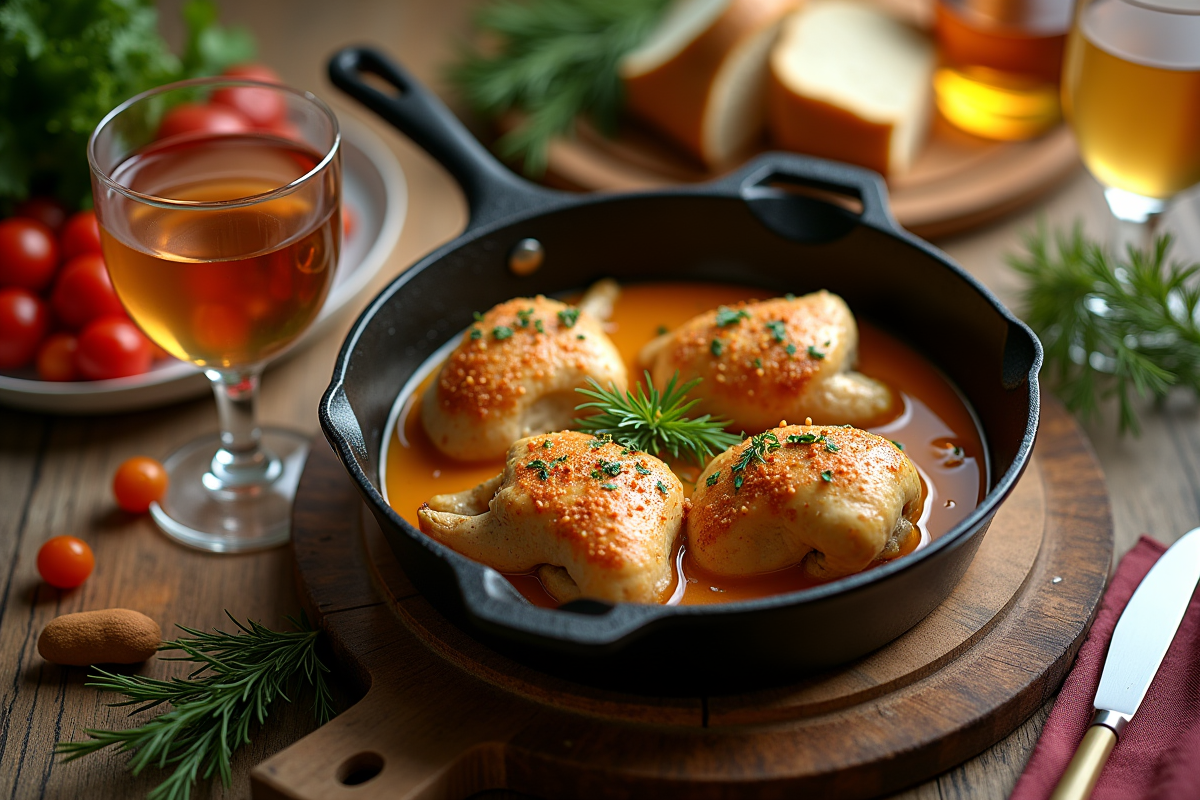 Table de dîner avec poulet en cocotte et verres de vin