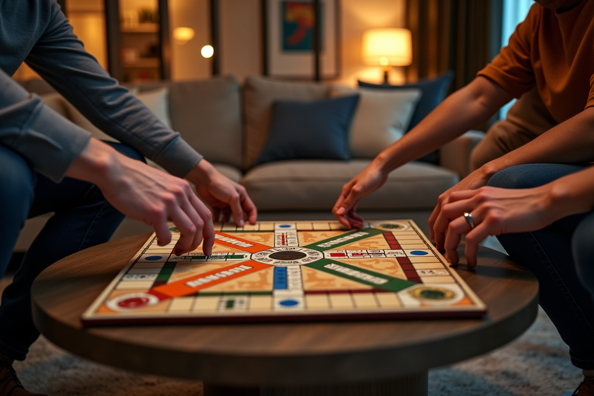 Main jouant au Cluedo dans un salon moderne en soirée