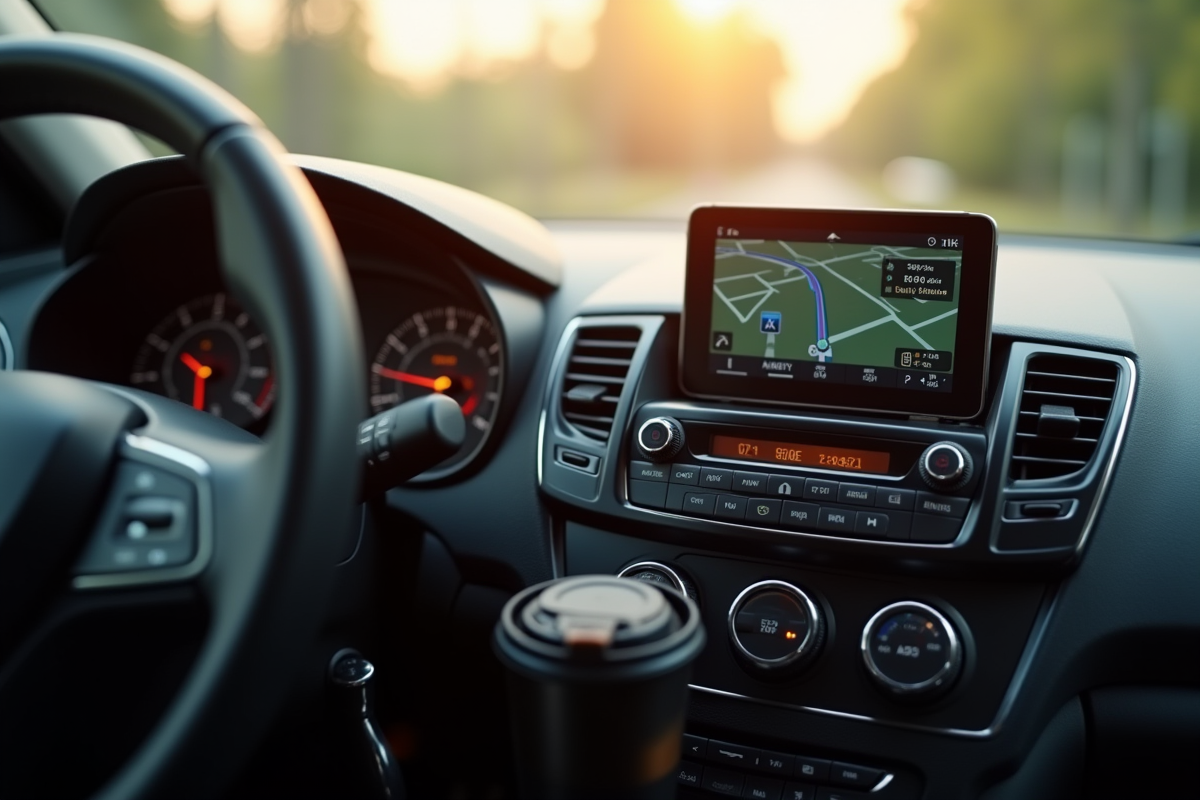 Détails du tableau de bord avec GPS et smartphone dans la voiture
