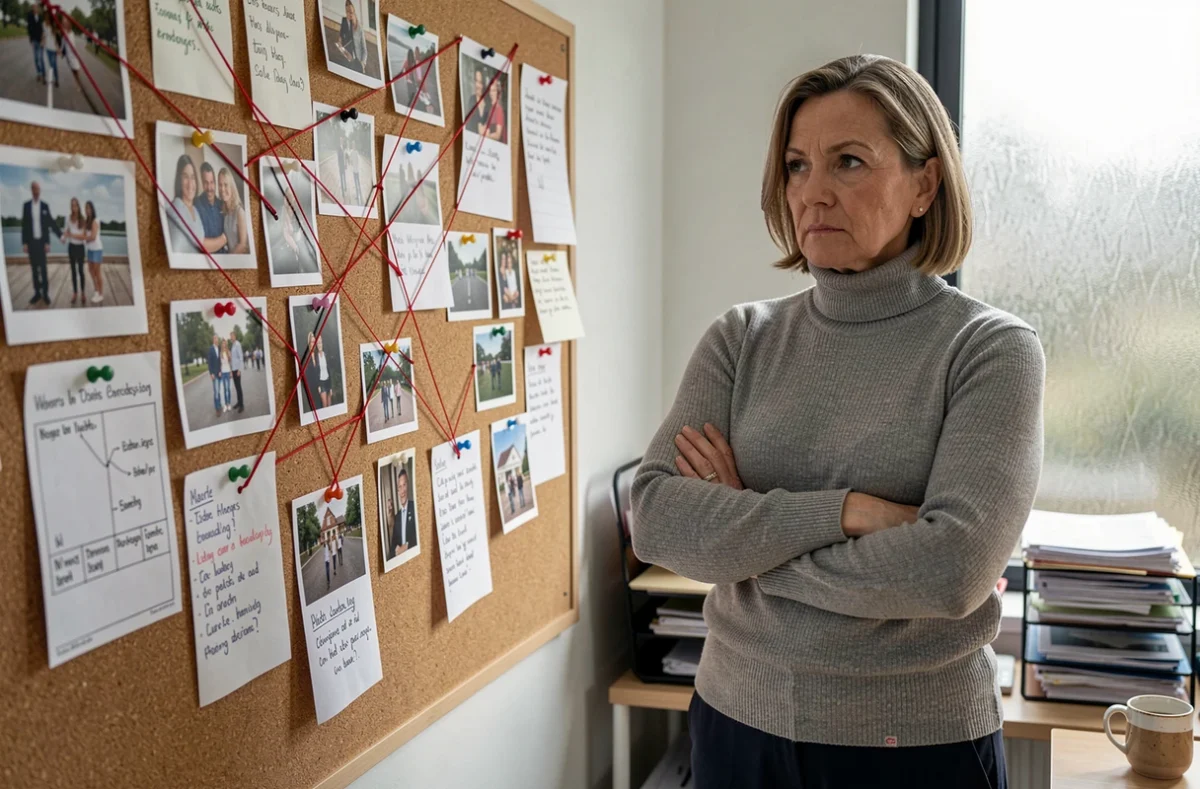 Femme devant un tableau d'enquête avec photos et notes reliées par des fils rouges, investigation sur une personnalité