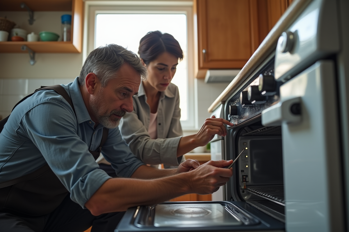 Technicien et propriétaire inspectant un appareil défectueux en cuisine