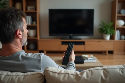 Homme tenant une télécommande Freebox pointée vers un décodeur éloigné dans un salon moderne