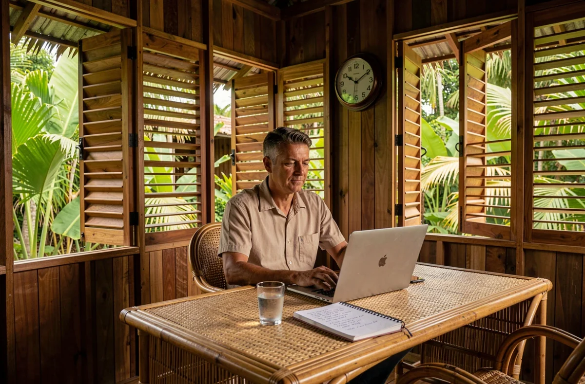 Homme en télétravail depuis la Guyane française dans un bureau tropical, horloge murale indiquant l'heure locale de Cayenne
