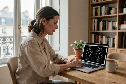 Femme en télétravail depuis Paris gérant le décalage horaire avec la Guyane française, deux horloges visibles sur son écran d'ordinateur