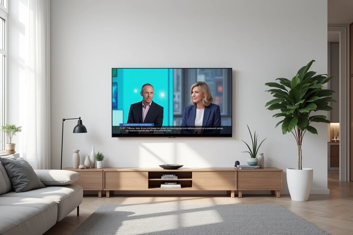 Téléviseur moderne affichant un programme TV de l'après-midi dans un salon scandinave contemporain