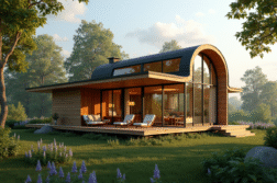 Maison tiny moderne en campagne avec grandes fenêtres