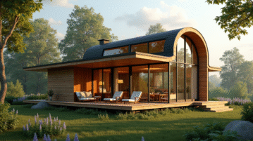 Maison tiny moderne en campagne avec grandes fenêtres