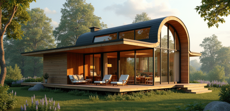 Maison tiny moderne en campagne avec grandes fenêtres