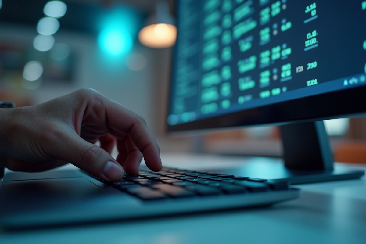 Main appuyant sur une touche de clavier avec écran flou en arrière-plan