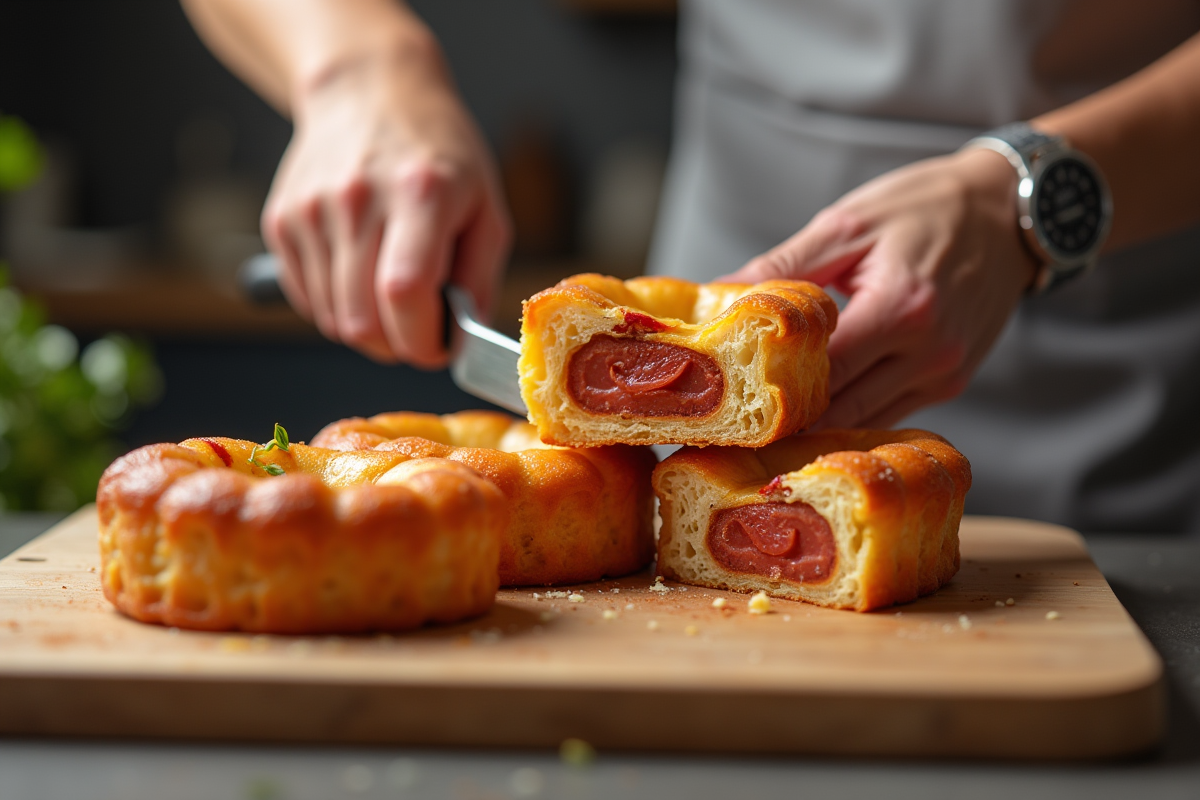 Main coupant un cannelé au chorizo dans une cuisine moderne