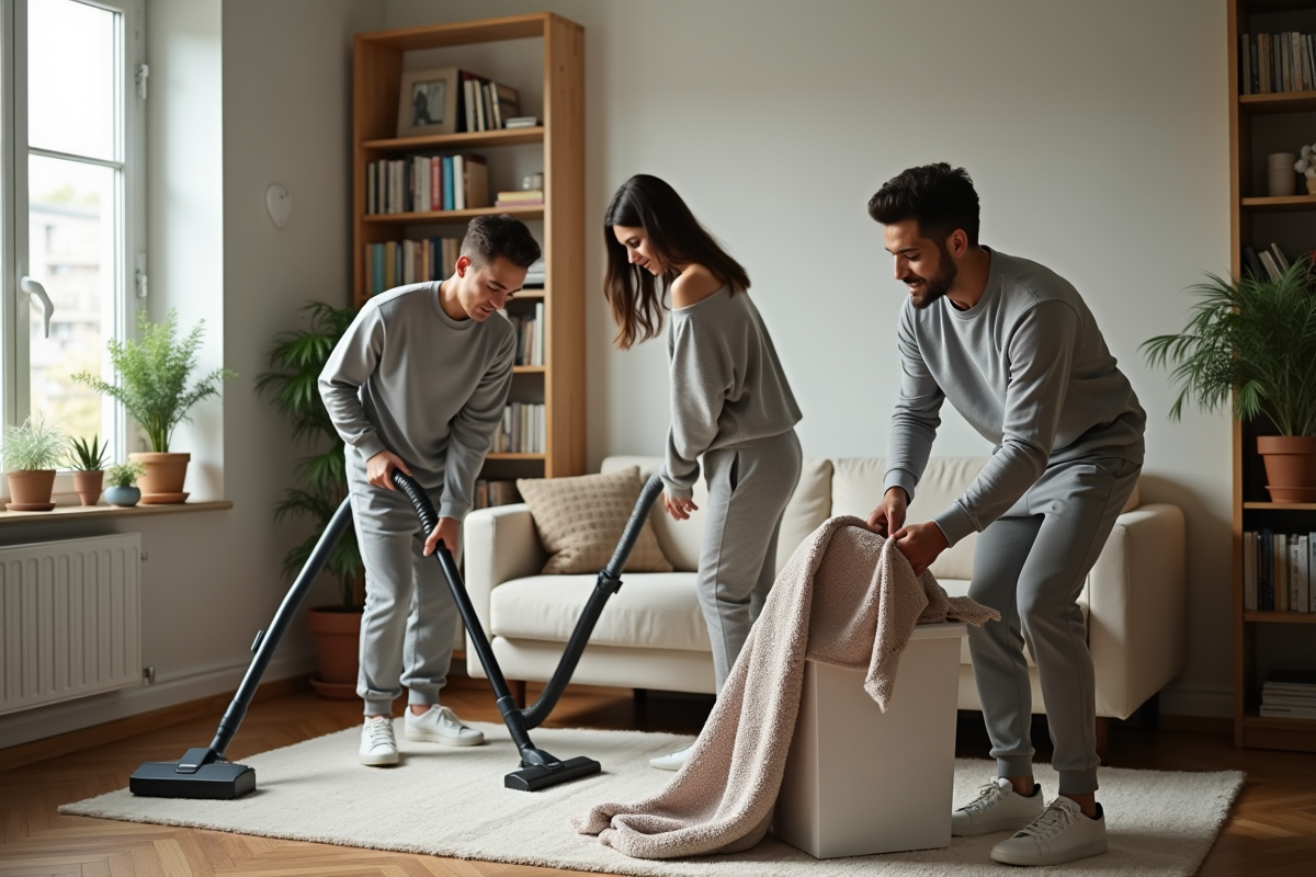 Trois colocataires nettoient la maison dans un salon lumineux