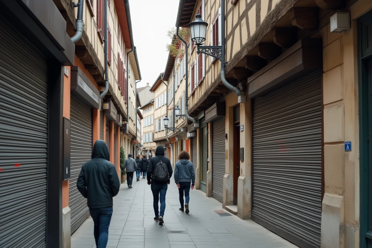 Rue piétonne de Troyes avec colombages historiques contrastant avec volets métalliques tagués, illustrant la hausse de la délinquance dans une ville de taille modeste