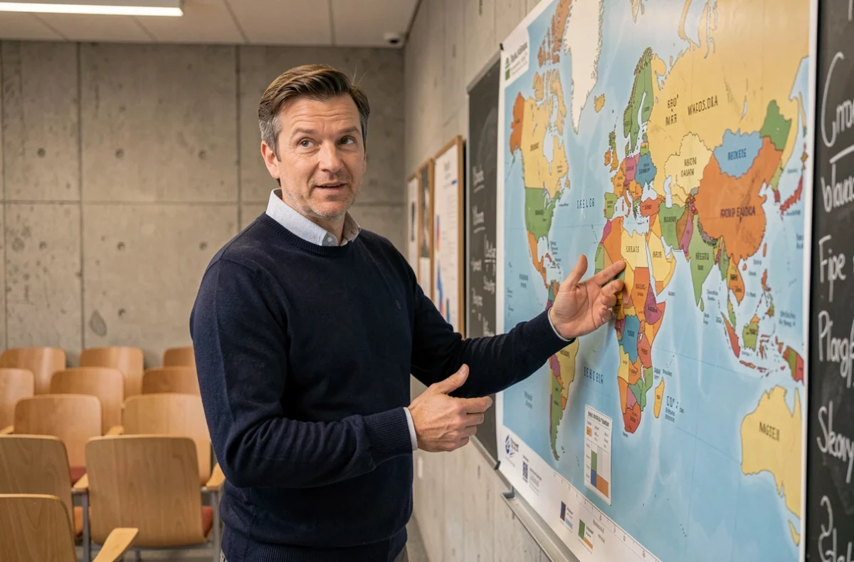 Universitaire présentant une carte mondiale annotée illustrant la définition des pays développés en géopolitique
