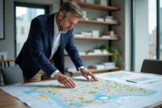 Urbaniste homme devant carte urbaine dans bureau moderne