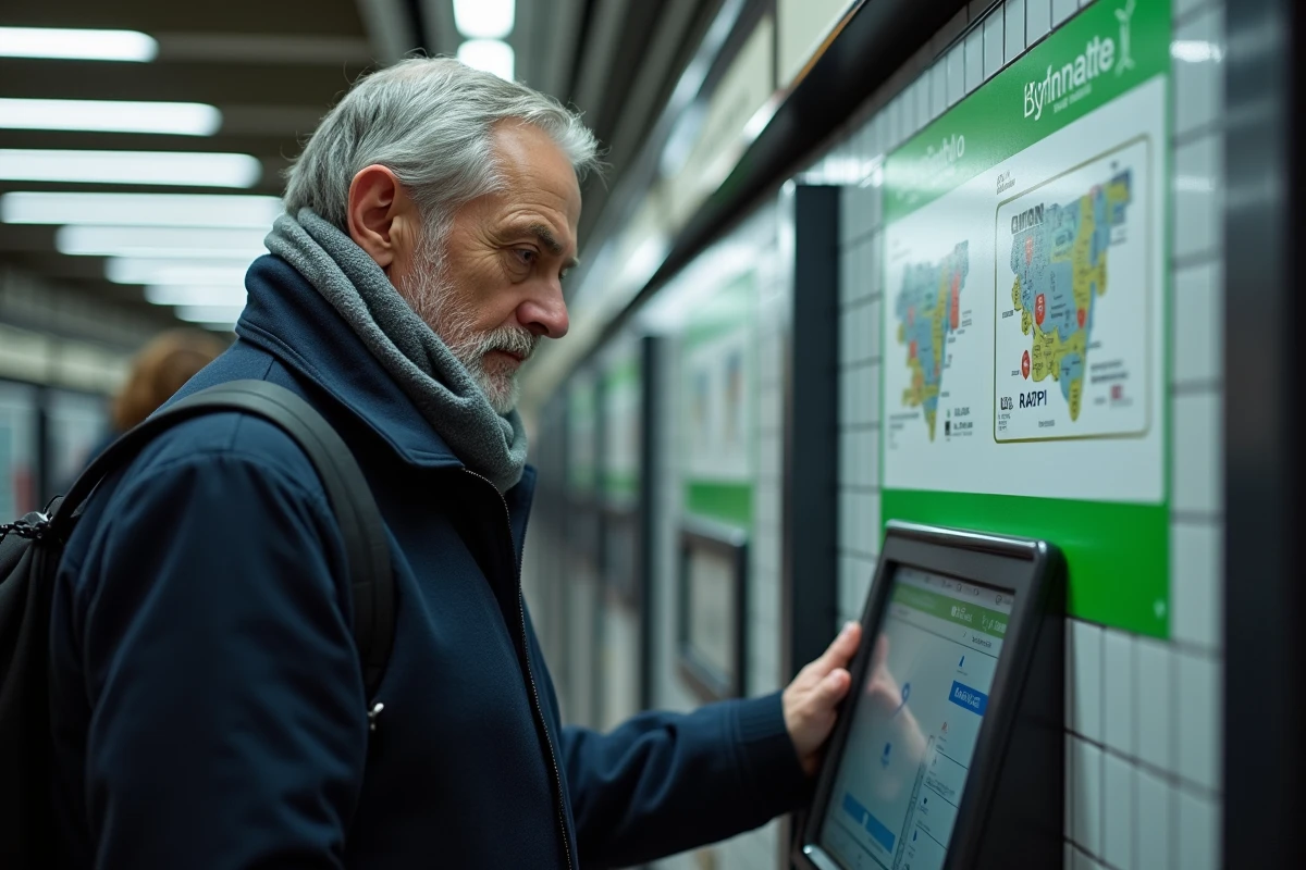 Homme d'âge moyen devant une machine à ticket à Paris